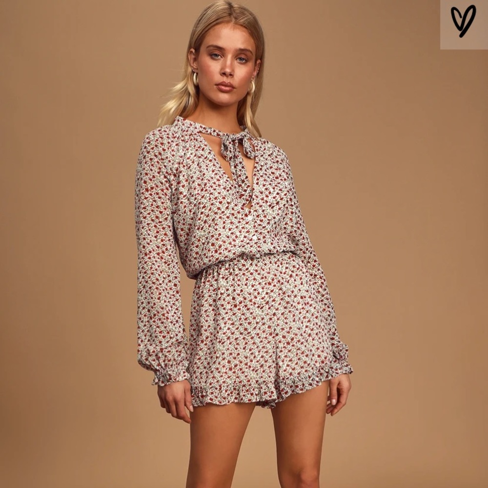 Floral long sleeve tie-neck romper